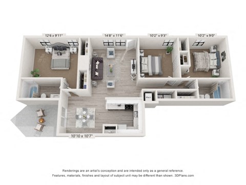 Floor plan for 3 beds, 2 baths, 1350 sqft
